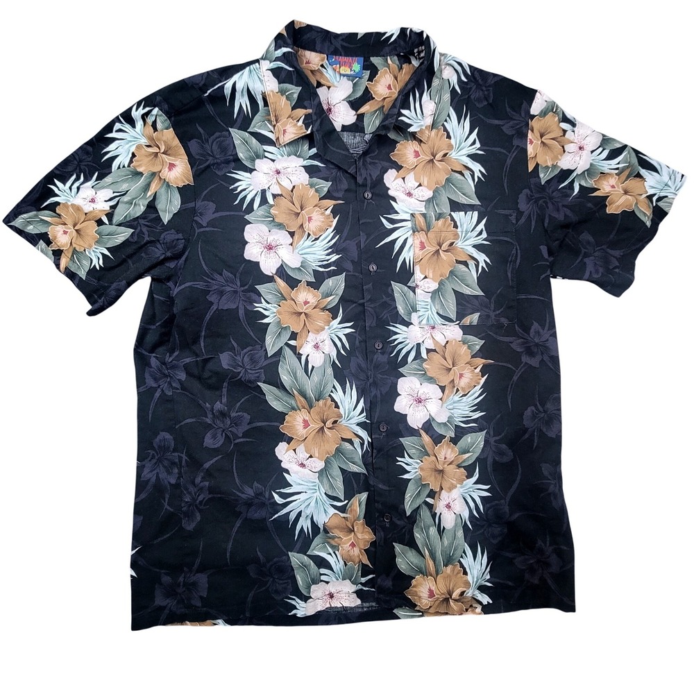 Tropical Floral Button Up Shirt Black Tan Short Sleeve Mens XL Hawaii Blues